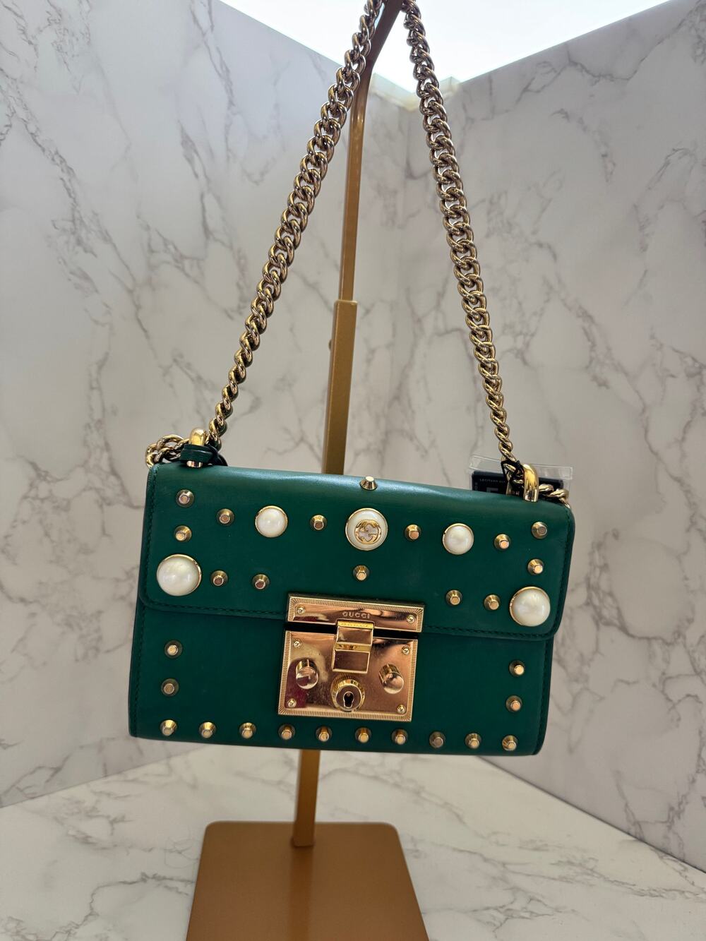 Gucci Green Pearl Studded Padlock Bag in Calfskin Leather
